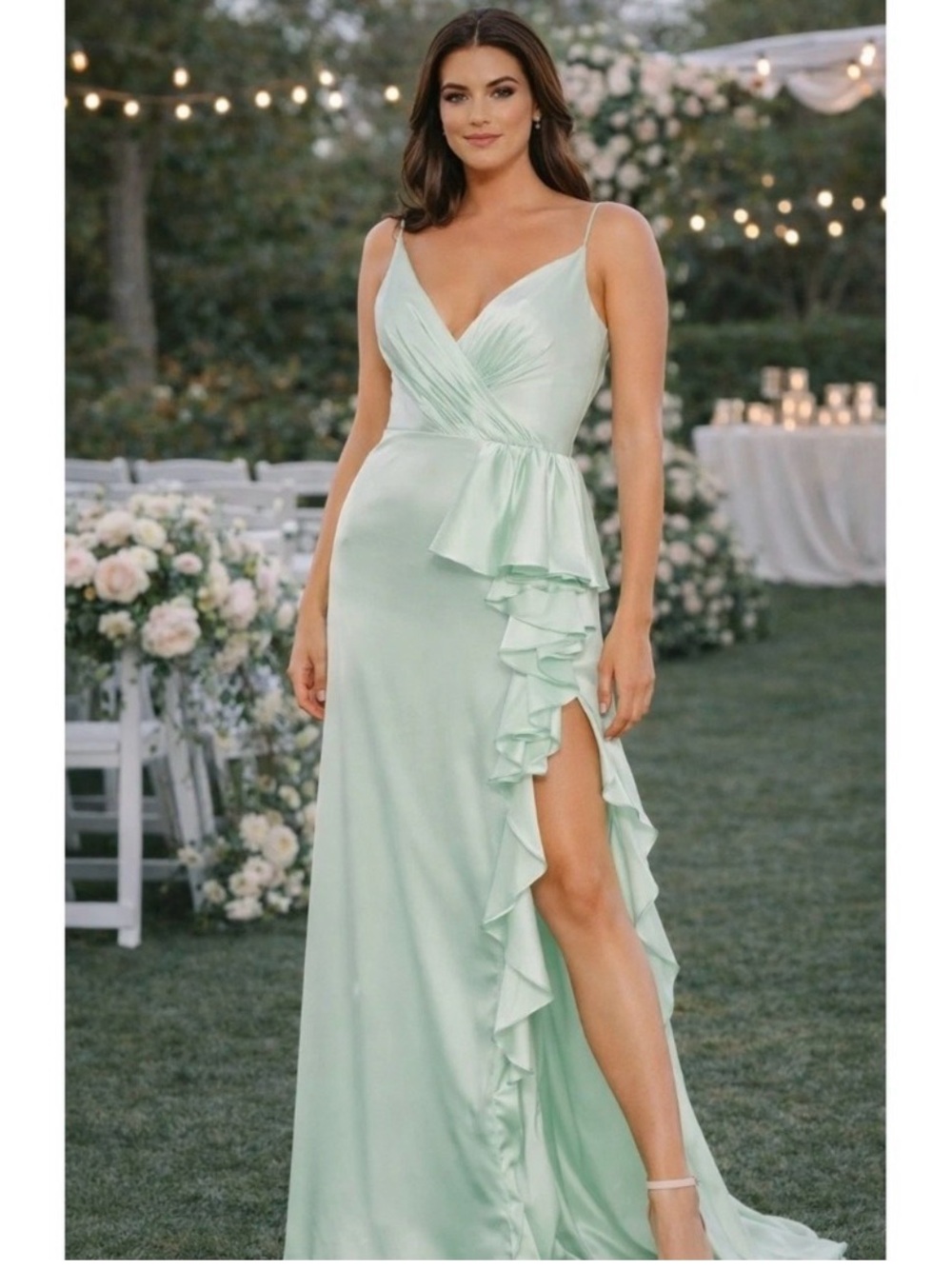 Mac Duggal 67815 Pistachio Mint Green Ruffled Maxi Dress NWT Size 8 Hollywood